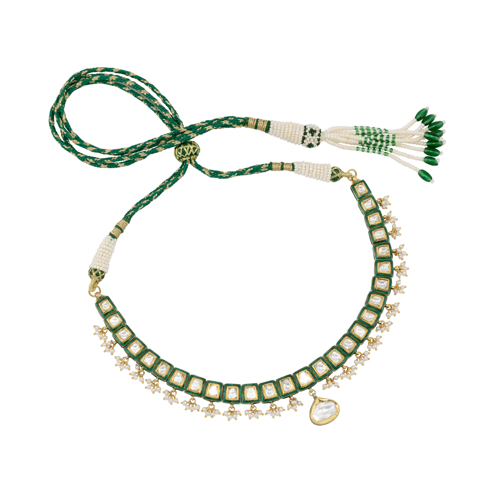 Green Meenakari Necklace with Polkis and Pearl Cheed Drops